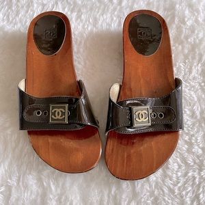 CHANEL wood sandals slides slip on clog